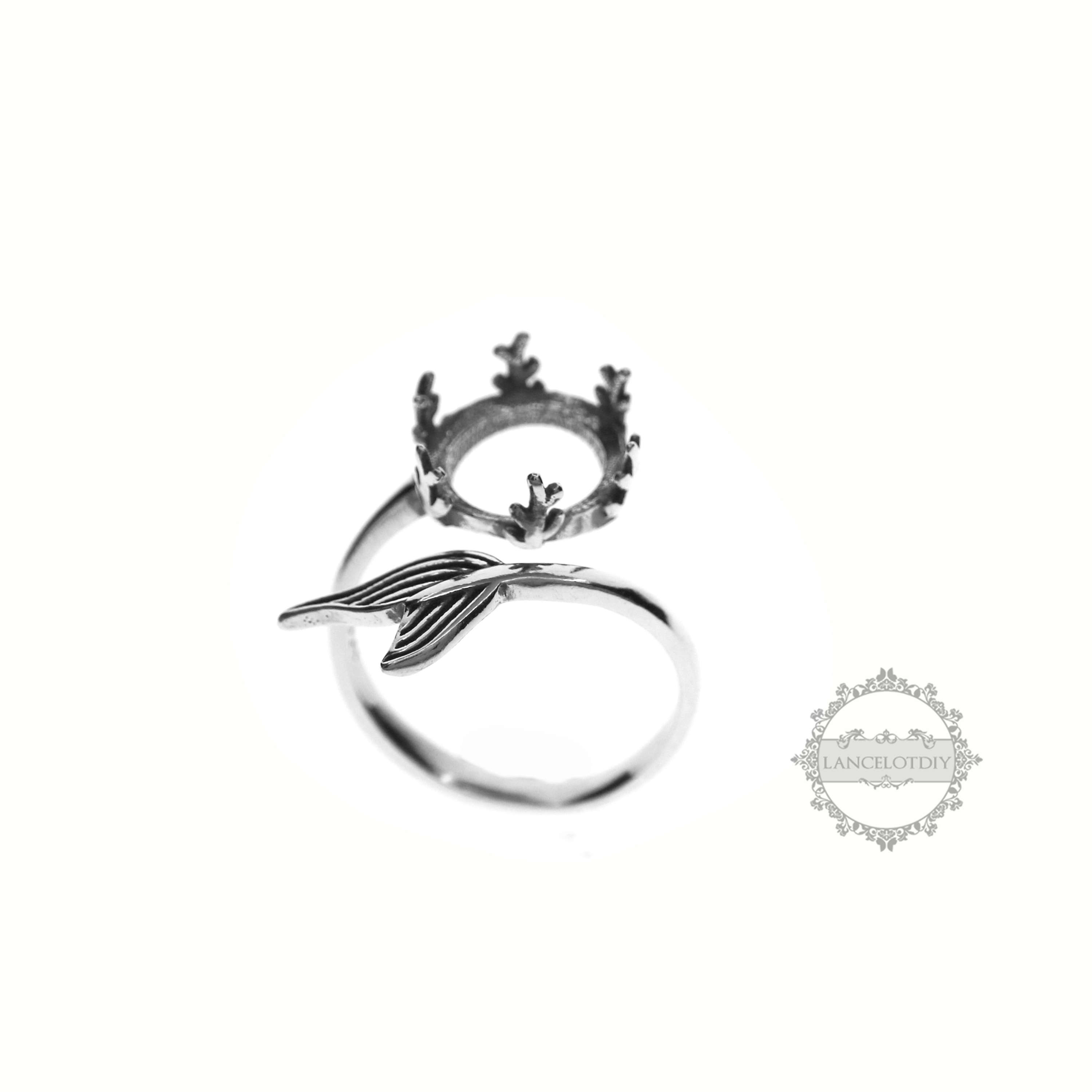 1Pcs 10MM Round Crown Bezel Mermaid Tail Antiqued Solid 925 Sterling Silver Adjustable Ring Settings Supplies 1213043 - Click Image to Close